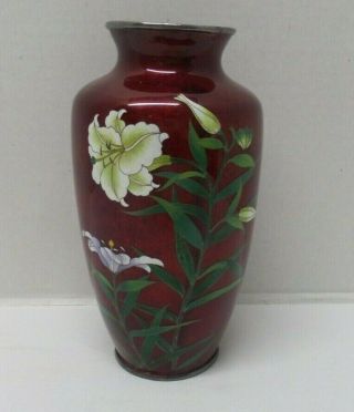 Vintage Japanese Ginbari Pigeon Blood Red Cloisonne Flowers Vase