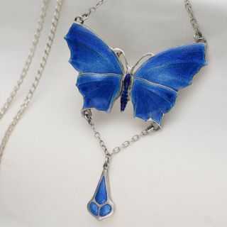 Vtg Art Deco Nouveau Sterling Silver Guilloche Enamel Butterfly Pendant Necklace
