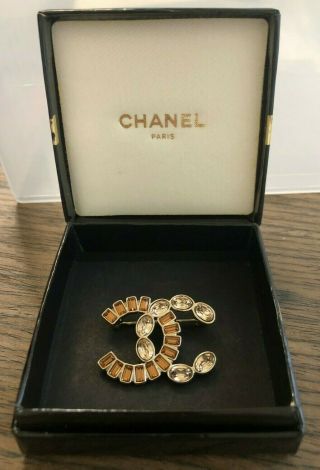 Authentic Rare Vintage Chanel Cc Logo Rhinestone Brooch Pin