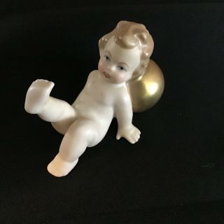 Vtg Cherub Putti Baby Figurine With Gold Ball West Germany