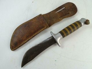 Vintage Wwii Era Trench Art Fixed Blade Combat Knife Ringed Leather Sheath Old
