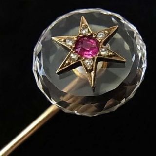 Stunning,  Large,  Victorian 18ct Gold,  Ruby,  Diamond And Rock Crystal Stickpin