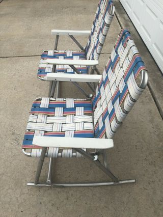 2 Vintage Rocking Rocker Chair Aluminum Folding Lawn Patio Deck Camp Webbing 5