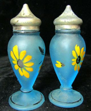 Vintage Frosted Aqua Blue Glass Salt & Pepper Shakers - Caps