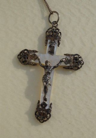 Antique 19th Century Silver Marked Crucifix Chain Mother Of Pearl