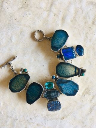 Amy Kahn Russell Blue Agate Abalone Labradorite Druzy Crystal 925 Bracelet Euc