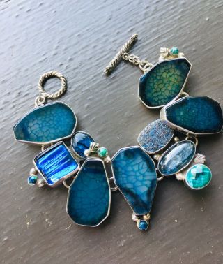 Amy Kahn Russell Blue Agate Abalone Labradorite Druzy Crystal 925 Bracelet EUC 2