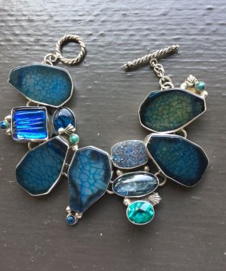 Amy Kahn Russell Blue Agate Abalone Labradorite Druzy Crystal 925 Bracelet EUC 6
