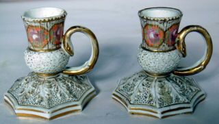 Antique 19th C Porcelain Handpainted Candle Holders Stands Candleholders Snake