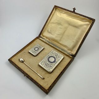 Antique 800 Silver & Enamel Smokers Companion Set Vesta Cigarette Case