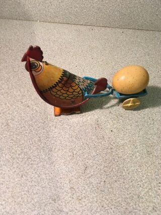 Vintage Tin Wind - Up Chicken Toy Chicken Pulling Cart With Egg