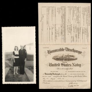 Wwii Us Navy Honorable Discharge Photostat & Sailor Sweetheart Snapshot