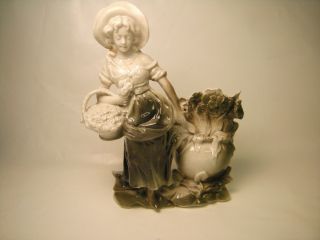 Antique German / Group Lady And Flower Basker C1900 7 " H (17cm)