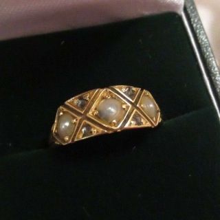 Lovely Antique Georgian Victorian Old Cut Diamond & Pearl Ring 18ct Yellow Gold