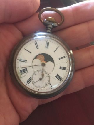 Rare Antique Moon Phase Double Sided Calendar Pocket Watch