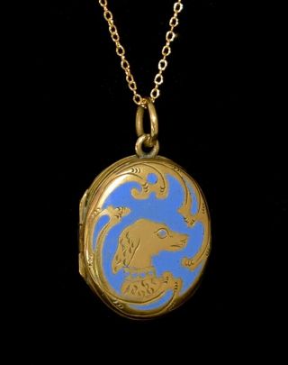 Absolutely Fabulous Antique Victorian Enamel & Gold Dog Locket Necklace Wow