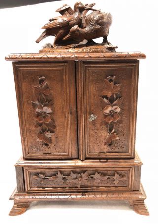 Antique Black Forest Desk Cigar Cabinet,  Chest,  Box,  Cigar Server Birds