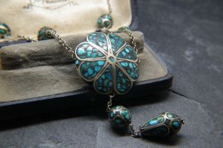 Stunning Antique Victorian/Arts & Crafts Natural Turquoise Matrix Drop Necklace 2