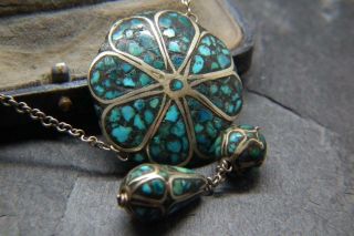 Stunning Antique Victorian/Arts & Crafts Natural Turquoise Matrix Drop Necklace 4