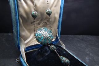 Stunning Antique Victorian/Arts & Crafts Natural Turquoise Matrix Drop Necklace 6