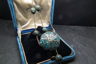 Stunning Antique Victorian/Arts & Crafts Natural Turquoise Matrix Drop Necklace 7