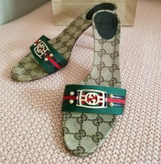 Authentic Vintage Gucci Logo Gg Supreme Green Red Web Sandals Heels Mules 8