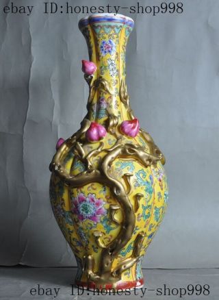 13 " Old Chinese Wucai Porcelain Gilt Longevity Peach Flower Bottle Pot Vase Jar