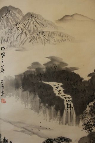 R01j0 Waterfall Mountain River Scenery Japanese Hanging Scroll
