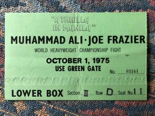 Muhammad Ali Vs Joe Frazier Thrilla In Manila On Site Green Ticket Stub - Rare