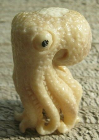 Very Unusual Hand Carved Marine Scrimshaw Sculpture Of An Octopus In Stag Bone