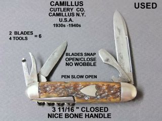 Vintage 3 11/16 " 4 Line Camillus N.  Y.  4 Tools/ 2 Blades Bone Handle Pocket Knife