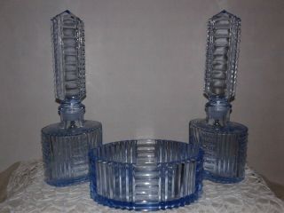 2 Antique Blue Glass Perfume Bottles And Vanity Dish - Art Deco - Art Nouveau