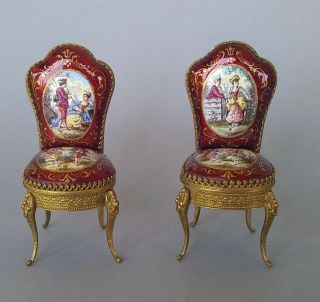 Antique Viennese French Guilloche Enamel Dollhouse Miniatures Pair Chairs