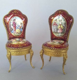 Antique Viennese French Guilloche Enamel Dollhouse Miniatures Pair Chairs 2