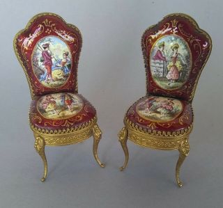 Antique Viennese French Guilloche Enamel Dollhouse Miniatures Pair Chairs 3