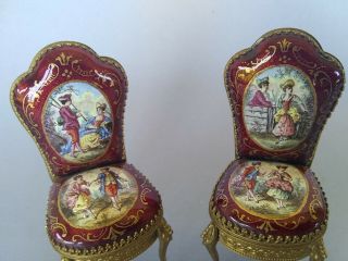 Antique Viennese French Guilloche Enamel Dollhouse Miniatures Pair Chairs 5