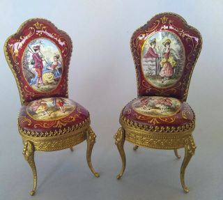 Antique Viennese French Guilloche Enamel Dollhouse Miniatures Pair Chairs 6