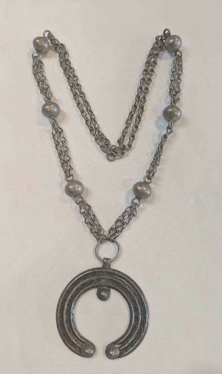 Large Antique Navajo/pueblo Native Collectible Naja & Silver Bead Necklace