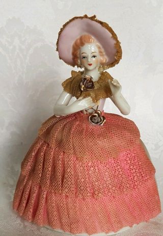 Vintage Dresden Porcelain Lace Figurine Lady In Pink With Gold Roses