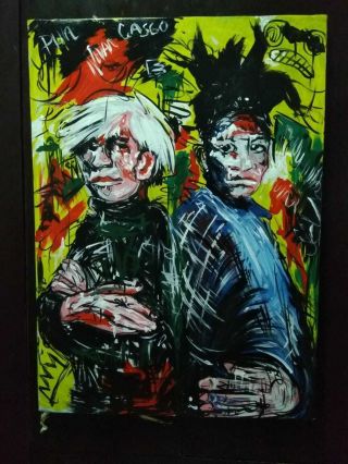 SELF PORTRAIT JEAN MICHEL BASQUIAT & ANDY WARHOL OIL ON CANVAS PAINTING SIGNED 2