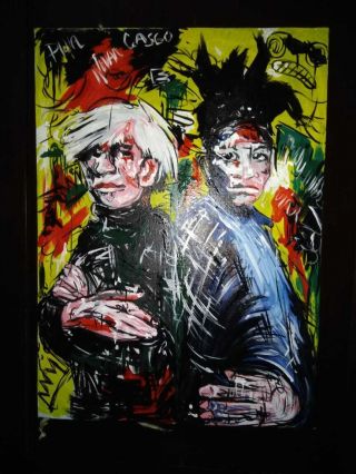 SELF PORTRAIT JEAN MICHEL BASQUIAT & ANDY WARHOL OIL ON CANVAS PAINTING SIGNED 5