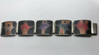 Perli German Sterling Matte Finish Enamel Mid - Century Wide Panel Bracelet