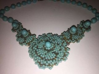 Early Miriam Haskell Turquoise Blue Glass Gilt Flowers Antique Vintage Necklace