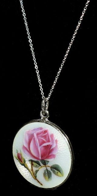 Antique 800 Silver Enamel Guilloche Hand Painted Rose Locket W Chain