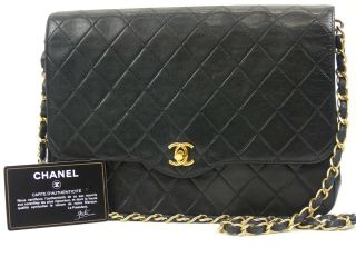 R1714 Auth Chanel Vintage Black Quilted Lambskin Cc Turn Lock Chain Shoulder Bag