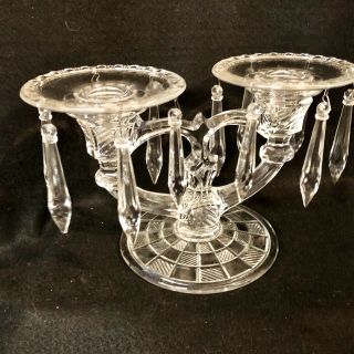 Antique Clear Glass Candle Holder With Drip Guard And Spear Prisms Art Deco