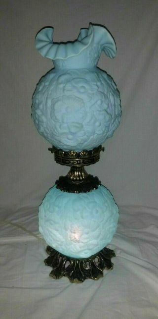 Vintage Aqua Baby Blue Satin Milk Glass Poppy Gwtw Table Lamp 3 Way Light Fenton