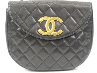 r1711 Auth CHANEL Vintage Black Quilted Lambskin CC Push Lock Chain Shoulder Bag 2