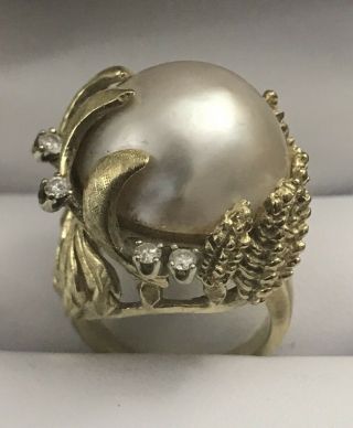 Vintage Antique 14kt Gold Ring With Pearl And Diamonds Size 5.  5 - 17.  68 Grams