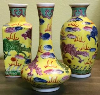 3 Chinese Miniature Imperial Yellow Famille Rose Dragon Vases/ Marked